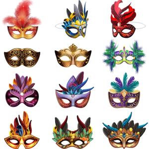 Blulu 24 Pcs Mardi Gras Masks Carnival Parade Faux Feather Face Waterproof Cardboard Masks Masquerade Party New Orleans Fantasy for Women Man Costume Party Favors