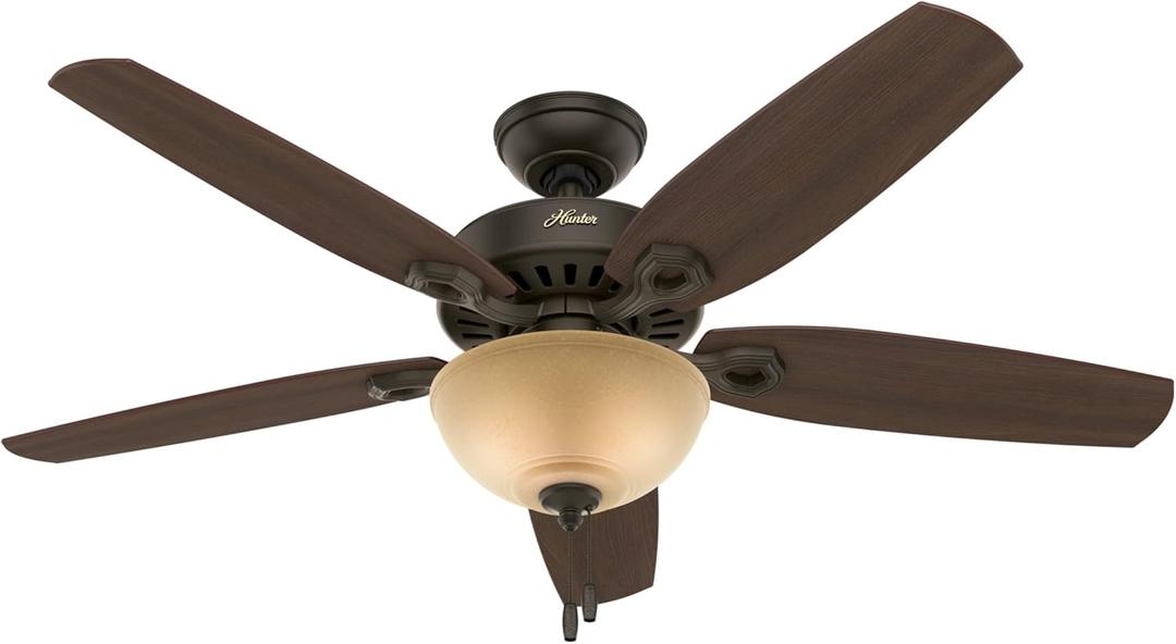 Hunter 52 inch Indoor Ceiling Fan with LED Light - Bronze Ceiling Fan with Pull Chain, For Bedroom or Living Room, Standard Mount, No Remote, 5 Blades, Includes Bulbs- Builder Deluxe 53091, New Bronze