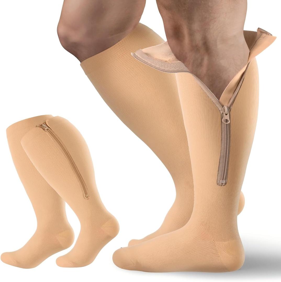 2 Pair Plus Size Closed Toe Compression Socks with Zipper, Compression Stockings for Overweight Women Men 15-20 mmHg