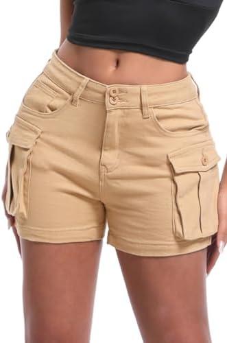 ELLEVEN Women's High-Stretch Cargo Shorts, Y2K Mini, High Waisted, Slim-Fitted Jean Shorts with Pockets, XL