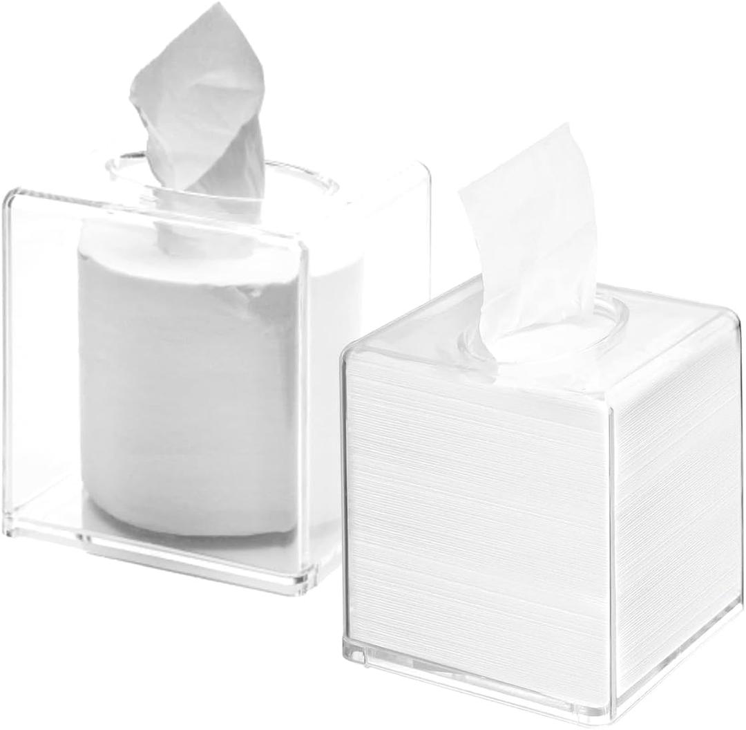 2 Pack Square Acrylic Clear Tissue Boxes, 5 x 5 x 5.5 Inch Acrylic Tissue Box Cover Cube Facial Tissue Box Holder Clear Roll Tissue Box for Bathroom Kitchen Vanity Bedroom