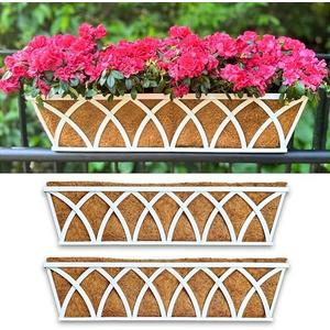 LaLaGreen Wall Planter (30 Inch, 4 Pack)White Metal Rectangular Hanging Flower Box Window Boxes Planters with Coco Liner, Flower Basket Plant Holder Deck Rail Railing Patio Horse Trough Balcony Fence