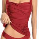 Tankini Swimsuits for Women Tummy Control Bathing Suits Halter Ruched Tops Two Piece Swimwear Sets (Medium, Red)
