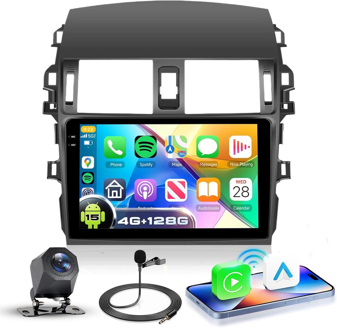 4G+128G Android 15 Car Stereo for Toyota Corolla 2009-2013, Wireless CarPlay Android Auto, 9 Incell HD Touch Screen Car Stereo with GPS, WiFi, Bluetooth 5.0, FM, 32 EQ, SWC, Backup Camera