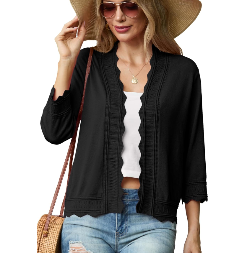 GRECERELLE Women's 3/ 4 Sleeve Summer Lightweight Knit Cropped Shrugs Cardigan Sweater, Black, L