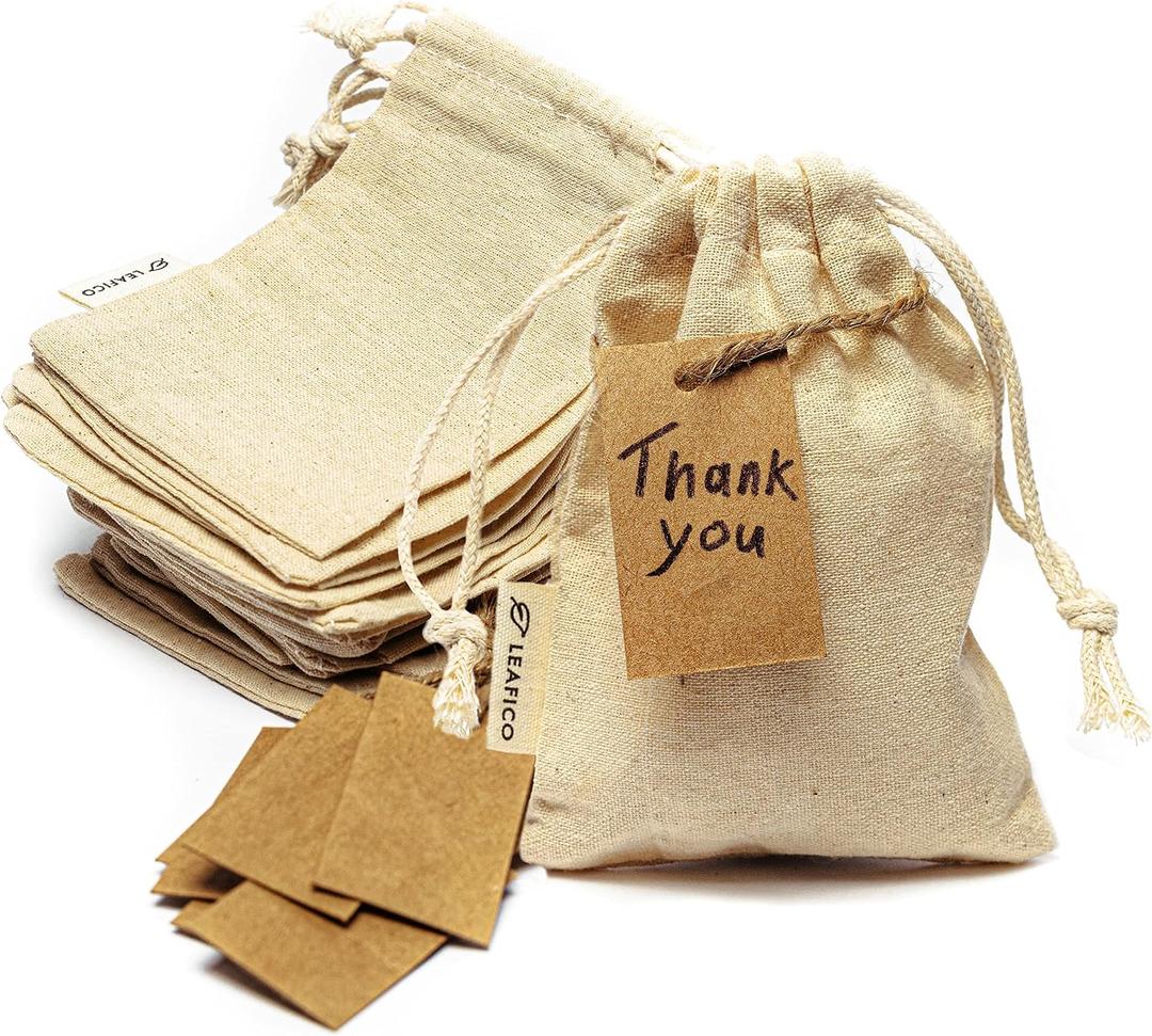 LEAFICO Reusable Cotton Bags - X-Small 3x4 25 Pack - Cloth Gift Bags with Drawstrings for Jewelry, Home Supplies, Makeup,DIY, Wedding, Party Favors - Muslin Fabric Pouches