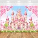 Princess Castle Backdrop for Girl Pink Sakura Floral Pastel Castle Birthday Party Decoration Fantasy Flower Fairy Tale Wonderland Background Princess Baby Shower Banner Photo Props 7x5ft