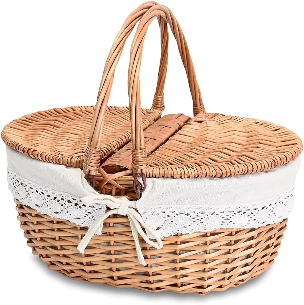 Small Picnic Basket with Removable Liner, Empty Basket for Kid with Lids, Picnic Hamper with Foldable Handles, Natural Color