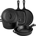 6 Piece Pre-Seasoned Cast Iron Cookware Set – Incl. 5QT Dutch Oven with Lid, 8'' and 10.25'' Cast Iron Skillets, 10.5'' Round Griddle, and a Square Grill Pan for Kitchen, Stovetop, & Camping