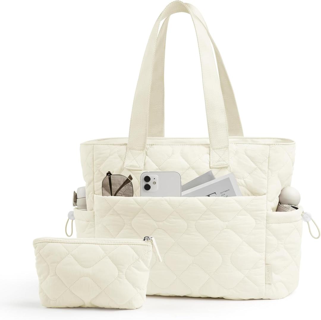TOPEAST Tote Bag for Women Puffy Tote Travel Bag, Light 15.6" Laptop Work Handbag, Quilted Shoulder Bag Purse for Student Gym