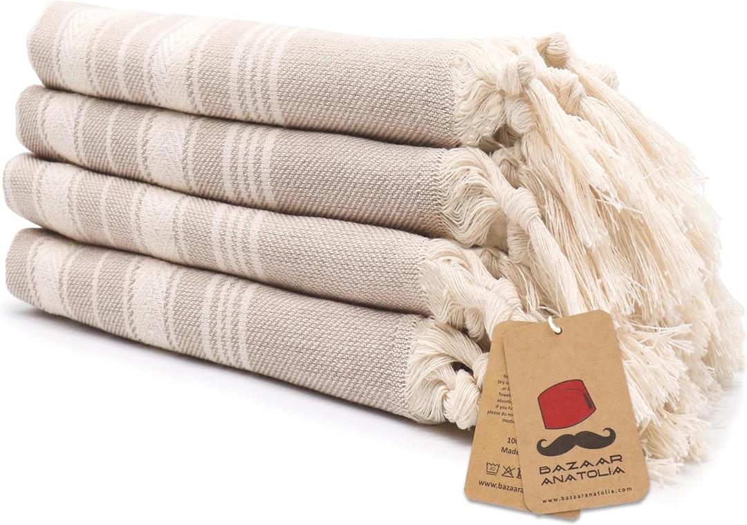 Bazaar Anatolia Hand Towels - Set of 4 | 39" x 19" - Decorative Turkish Hand Towel for Bathroom, 100% Cotton, Kitchen, Face, Hair, Tea, Dishcloth, Guest Towels Cream - Stripe Beige