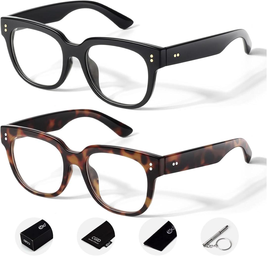 CGID Oversized Clear Lens Fake Glasses Women Men,100% UV400 Protection,Thick Big Square Frame Fashion Eyeglasses (Glossy Black & Amber Tortoise)