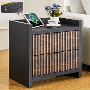 24" Night Stand Fluted Nightstand with Charging Station End Table 2 Drawers Storage, Large Modern Wood Wide Bedside Stand Side Table for Bedroom, Home Office Black Brown