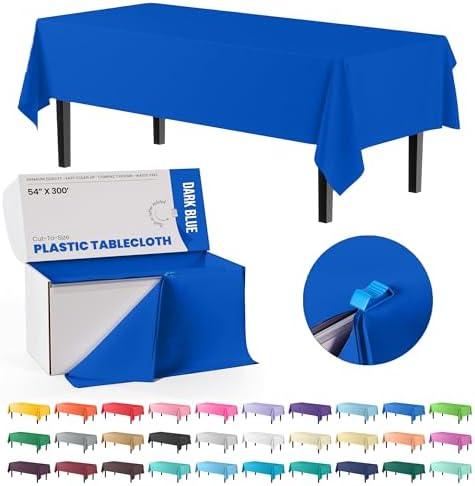 Exquisite Dark Blue Plastic 54x300 inches Rectangular Tablecloth Roll with Built-in Cutter - 300 Feet, All-Season, 1 Count