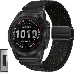Quickfit 22mm 26mm Watch Band - Compatible with Garmin Fenix 8 47mm 51mm/Fenix 7/7X/6/6X/5/5X, Magnetic Clasp Braided Stretchy Nylon Sport Strap for Men and Women, Multiple Colors