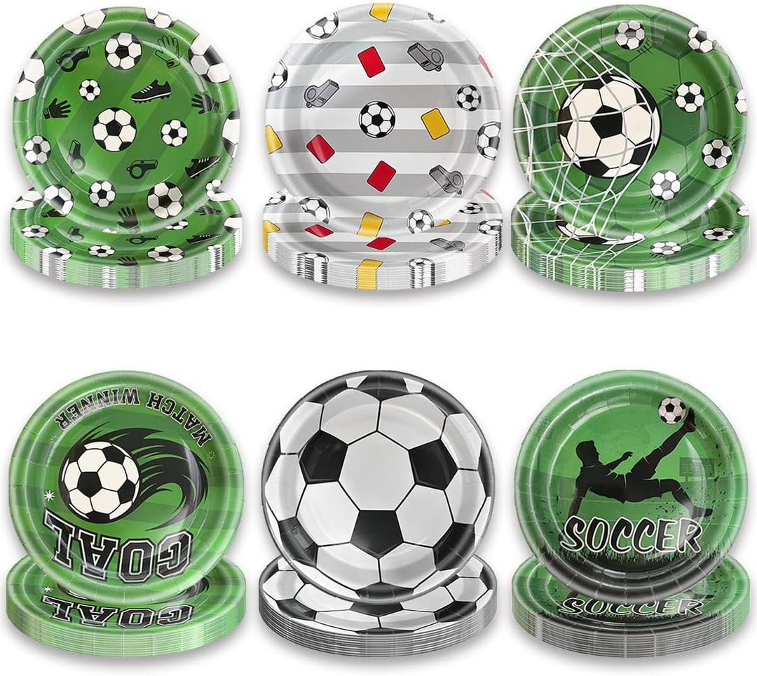 Soccer Party Decorations 60Pcs Soccer Paper Plates 7" Disposable Dessert for Kids Birthday, Sports Game Day, Sports Themed Soccer Party Supplies