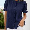 PRETTYGARDEN Womens Puff Short Sleeve Tops 2026 Summer Spring Button Down Boho Embroidered Cute Blouse Dressy Casual Shirts (Blue, L)