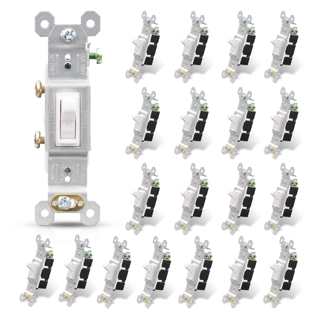 ELEGRP Single Pole Toggle Light Switch, 15 Amp, 120 Volt, Toggle Framed AC Quiet Switch, In Wall On/Off Switch Replacement, Self-Grounding, Residential and Commercial Grade, UL (20 Pack, Glossy White) (Without Wall Plate)