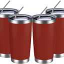 MEWAY 20oz Tumbler 4 Pack Double Wall Vacuum Insulated Travel Mug Bulk, Stainless Steel Tumblers with Lid and Straw, Powder Coated Coffee Cups for Cold & Hot Drinks (Red, Set of 4)