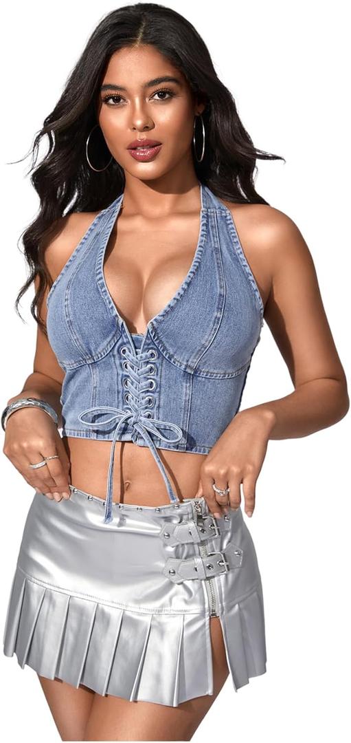 MakeMeChic Women's Denim Corset Top Jean Halter Crop Top Lace Up Y2K Vest Top (Blue, L)