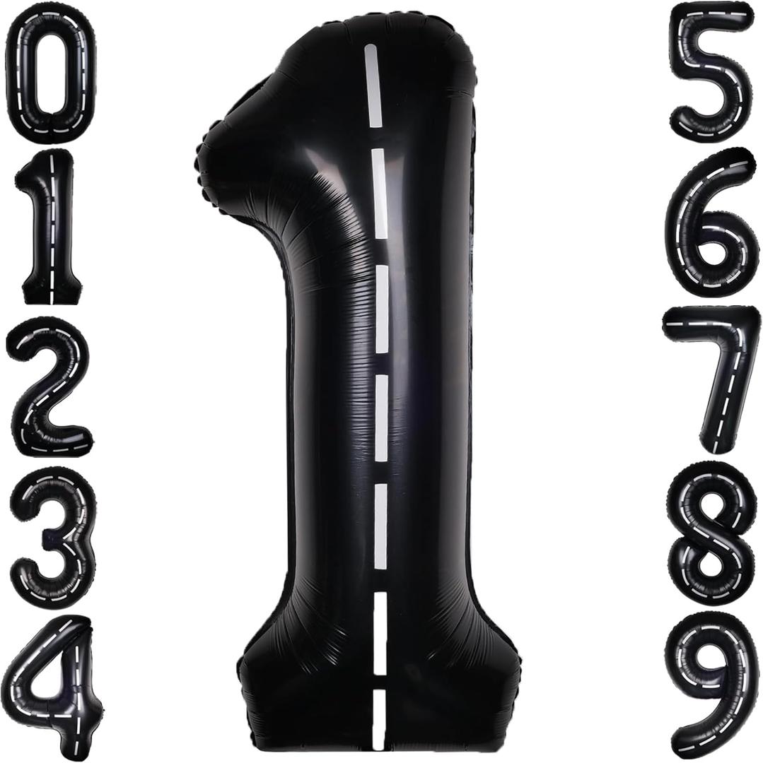 Race Car 40Inch Black 1 Balloon Number Large Helium Race Track 0-9 Giant Digital 1st Foil Mylar Big Party Number Balloons for Boy Birthday Car Theme Party Anniversary Graduation Decorations
