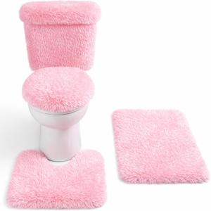 5 Pcs Pink Plush Bathroom Rugs Toilet Mat Set, Soft Absorbent Bathroom Rugs, Washable Shower Rug Set for Toilet, Shower, Tub Area, 50x80cm