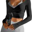 Fisoew Womens Wrap Tie Tops Long Sleeve Workout Crop Wrap Shirts Casual Lightweight Ballet Pilates Yoga Active Tops, Black, Medium
