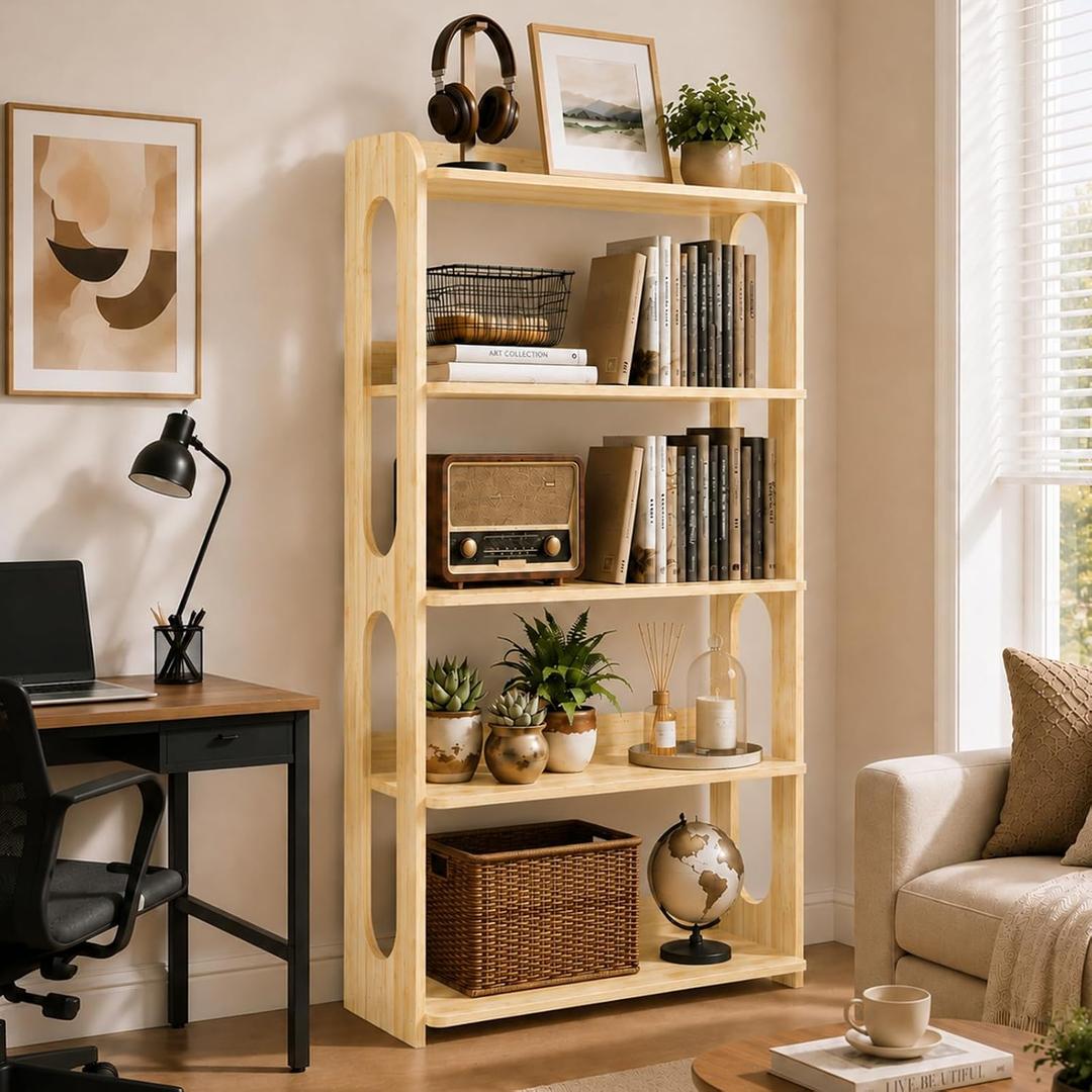 5-Tier Solid Wood Bookshelf, Sturdy Wooden Bookshelves,  5-Tier (51.2"H x 23.6"W)