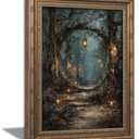 Vintage Gold Framed Wall Art, Gothic Victorian Forest Painting Canvas Print, Dark Academia Lanterns in Trees Picture Painting Wall Decorc, Moody Forest Picture Poster Artwork for Living Room Bedroom