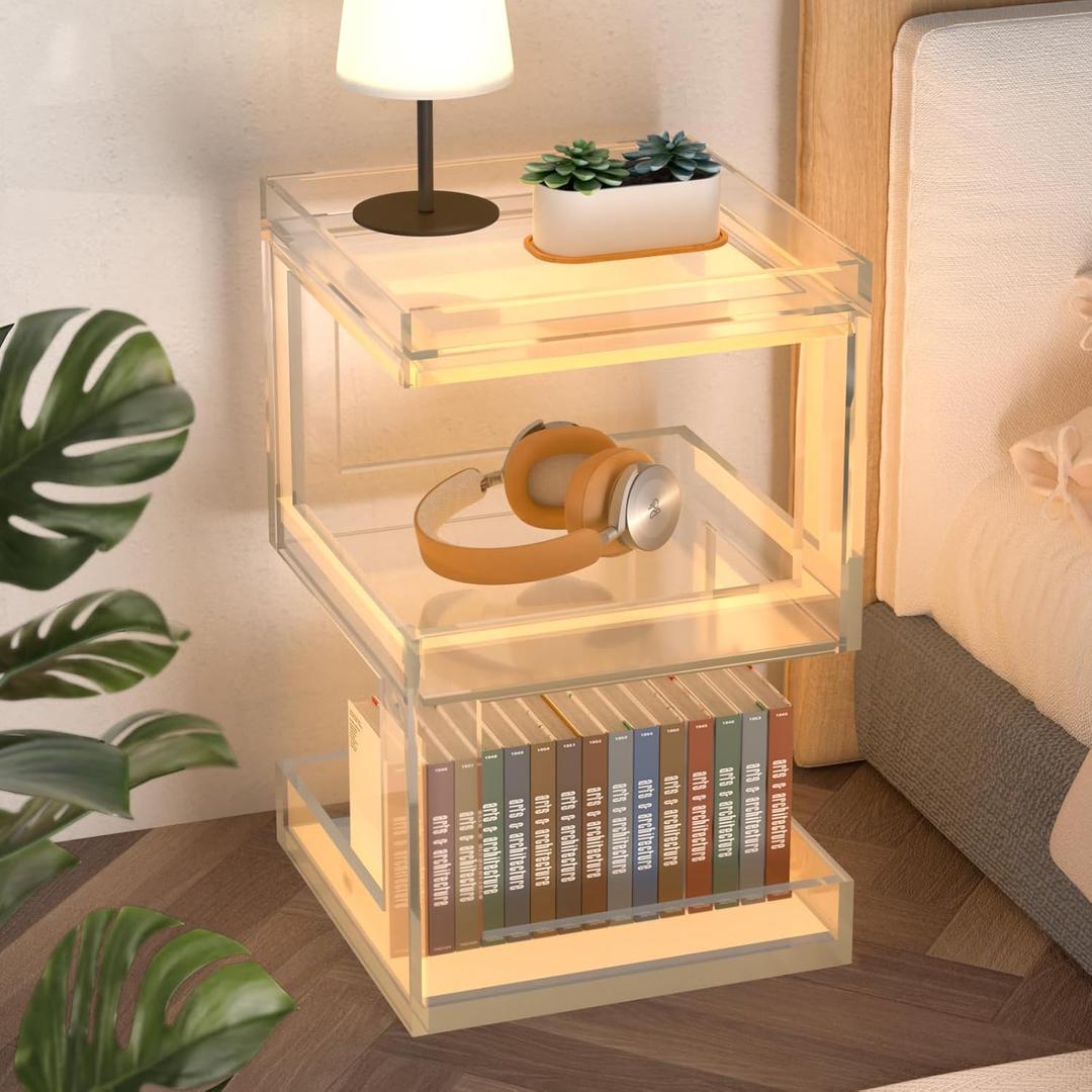 Acrylic Side Table Modern Side Table Clear Nightstand Assembly Required Storage Table for Living Room Bedroom
