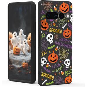 XIMIZU Case for Google Pixel 7 Pro Halloween Ghost Pumpkin Designed,Black Matte Soft Slim Fit TPU Anti-Scratch Shockproof Protective Cover Phone Case for Google Pixel 7 Pro (pumpkin spider web)