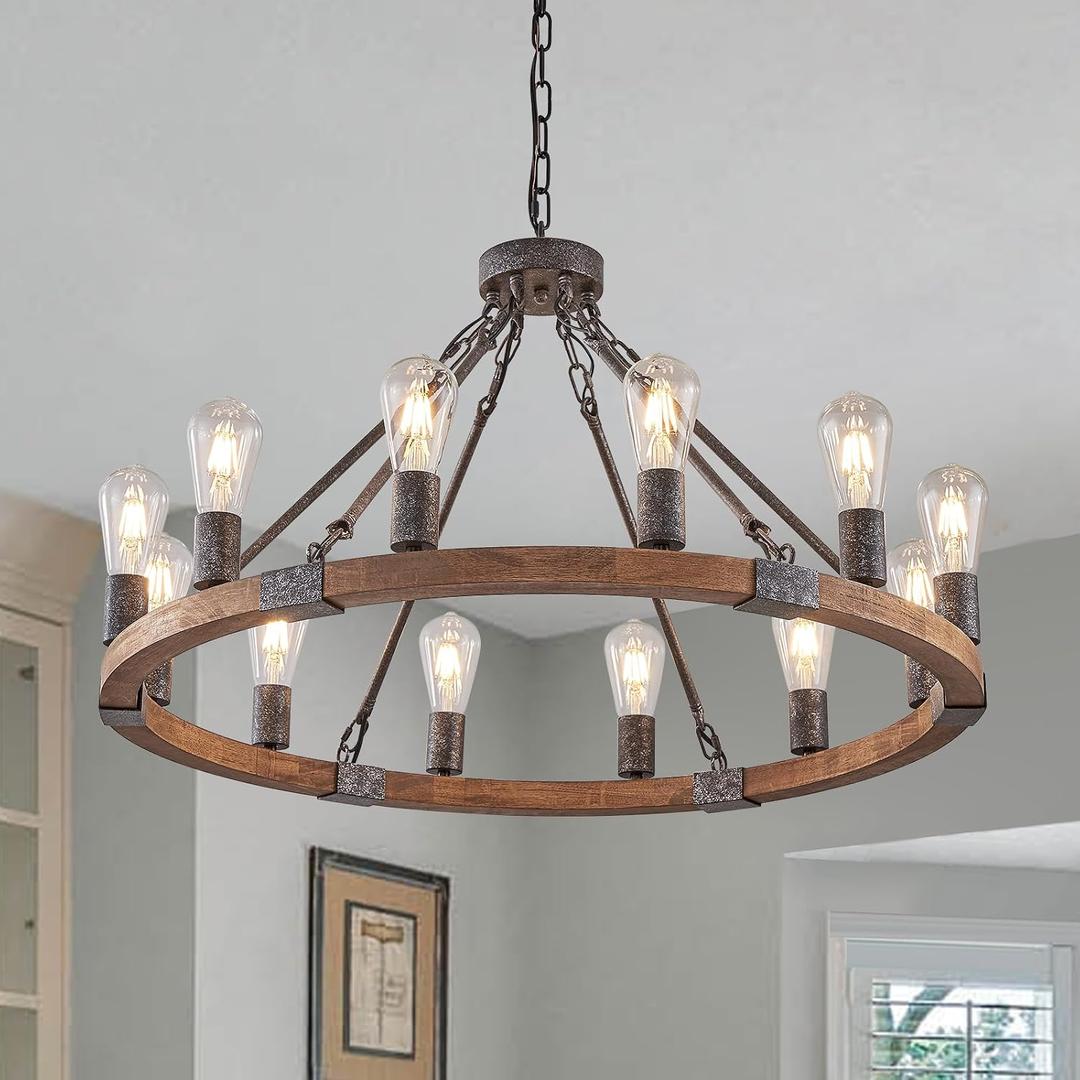 Benkut Farmhouse Wagon Wheel Chandelier 31" Black Rustic Light Fixtures 12-Light Wood Round Chandelier for Dining Room Living Room Entryway Foyer, 12-Light 31.5 inch