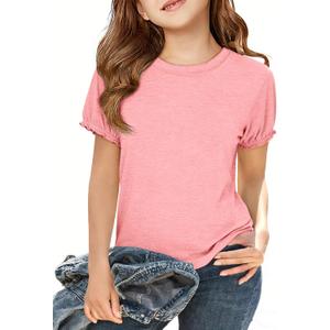 ZDC Girls Ruffle Short Sleeve T Shirt Summer Casual Crew Neck Tops Loose Fit Basic Tees (Pink)