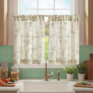 jinchan Floral Linen Kitchen Tier Curtains, 30 Inch, 2 Panels, Green | Rod pocket, linen-blend, botanical floral print, farmhouse, light filtering, privacy, kitchens and small windows