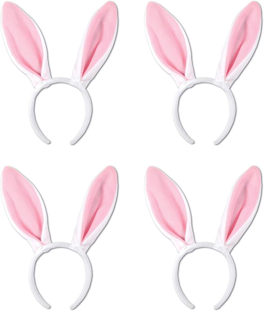Beistle Soft-Touch Bunny Ears Headbands, 4-Pack  Plush Fabric Rabbit Ear Accessories on Snap-On Headbands, White and Pink Costume Props for Spring, Easter, Egg Hunts and Themed Parties, Adult Size