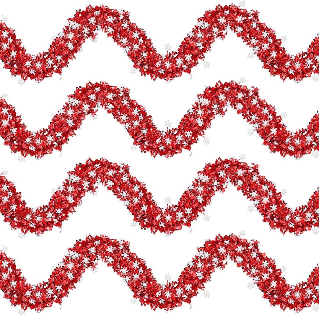 4 Strings Total 26.4 ft Christmas Snowflake Tinsel Garlands  Each 6.6 ft Red and White Metallic Holiday Garland for Christmas Tree, Mantel, Party, and Winter Decorations