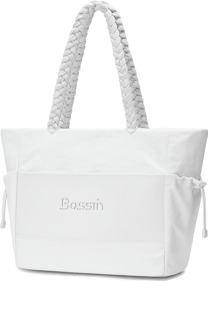 BOSSTIN Tote Bag for Women, Large Tote Bag with Zipper, Lightweight Shoulder Handbag with Compartments for Work Travel, White 
