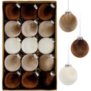 IPOPU 15Pcs Brown Velvet Christmas Ornaments Balls Bulk for Christmas Tree Decor 3.15in Big Flocked Xmas Hanging Ornaments Set for Home, Plastic Large Shatterproof Velvet Ornaments (Brown, White)