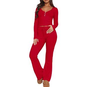 Ezbelle Women's Lounge Sets 2 Piece Outfits Long Sleeve Crop Button Down V Neck Shirt Knit Pajama Pant Fall Clothes S