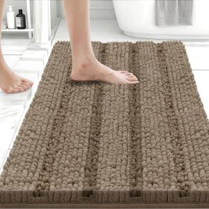 Bcoimo 24"17" Chenille Bath Mat  Non-Slip with Backing Bath Rug Ultra-Absorbent and Machine Washable Bathroom Mat Quick-Dry Design. Ideal for Bathroom and Tub Areas (Khaki)