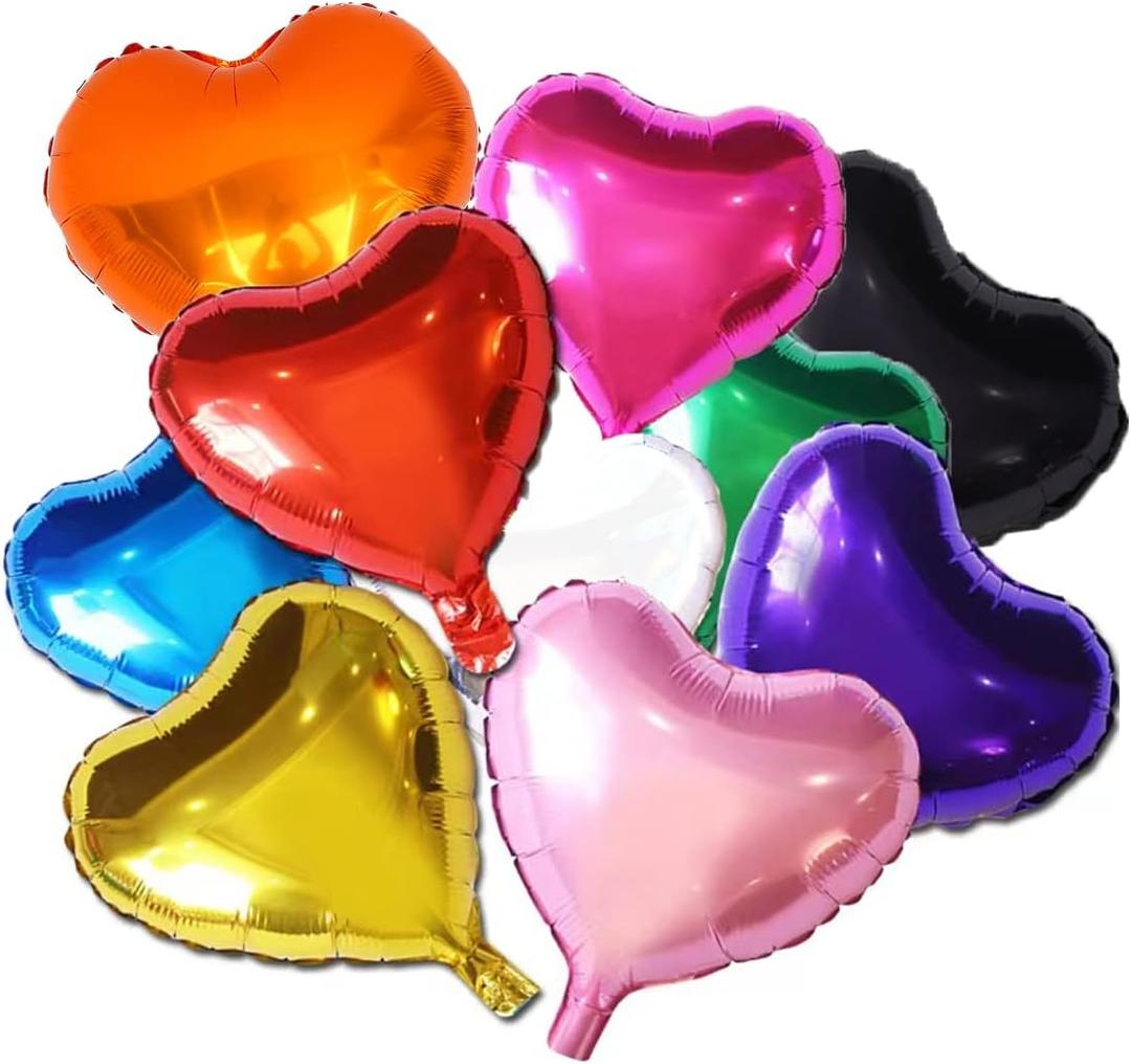 20 Assorted Color Heart Shaped Balloons 18 Inches 10 Kinds of Rainbow Party Foil Balloons, Foil Balloons for Party Decoration, Birthday Party Supplies or Wedding Ceremony (Mixed-no Pumb)