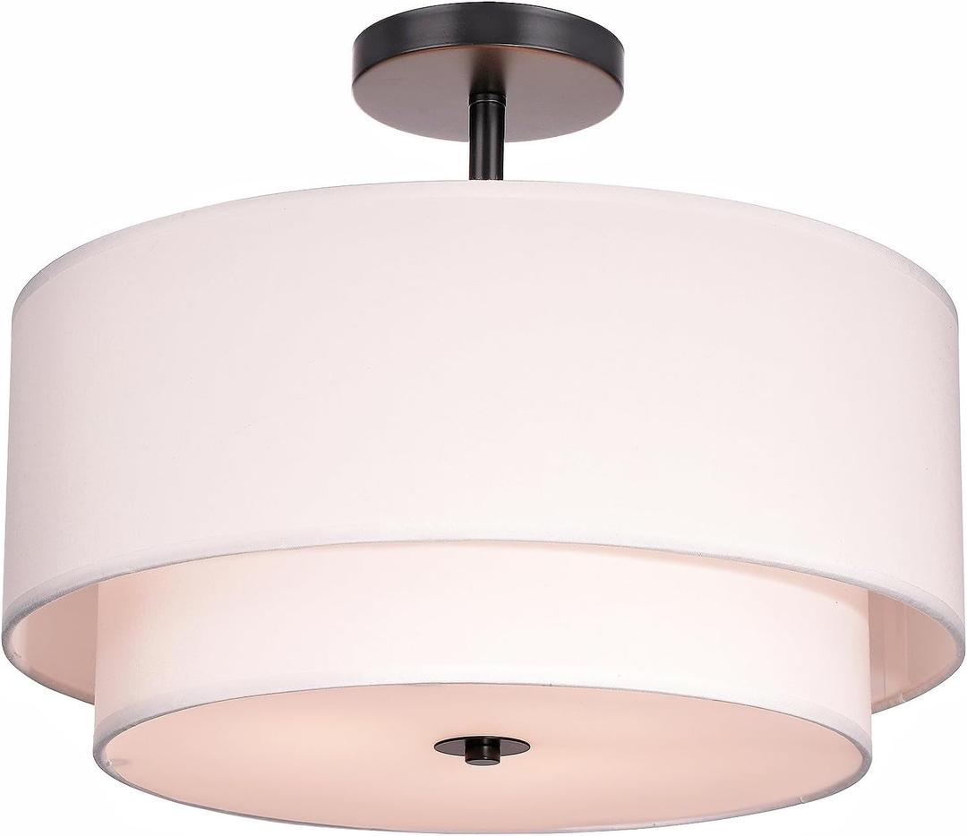 FRIDEKO HOME 3-Light Semi Flush Mount Ceiling Light,15.7 inch Ceiling Light Fixture with White 2-Layer Fabric Shade Drum Lights for Bedroom Living Room Kitchen Foyer Hallway