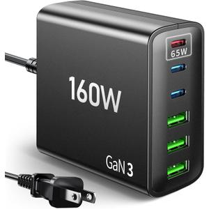 160W Fast USB Charger for Multiple Devices, 6-in-1 Charging Station with USB-C & USB-A Ports, 65W Type-C Fast Charging Port for Laptops, Compatiable with MacBook, iPad, iPhone, Samsung