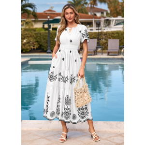 PRETTYGARDEN Boho Dresses for Women Summer Spring Casual Floral Short Sleeve V Neck Maxi Elastic Waist Dress Pockets, Size: L
