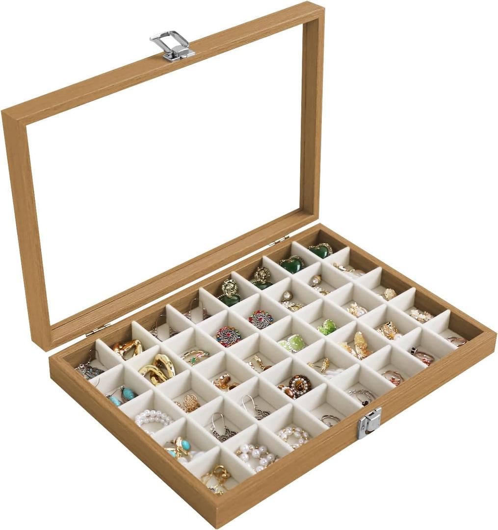 Stratalife Jewelry Organizer 40 Grid Jewelry Trays with Clear Lid Wood Earring Organizer Ring Holder Accessories Box Necklaces Earrings Storage for Women Drawers Vintage Style Beige