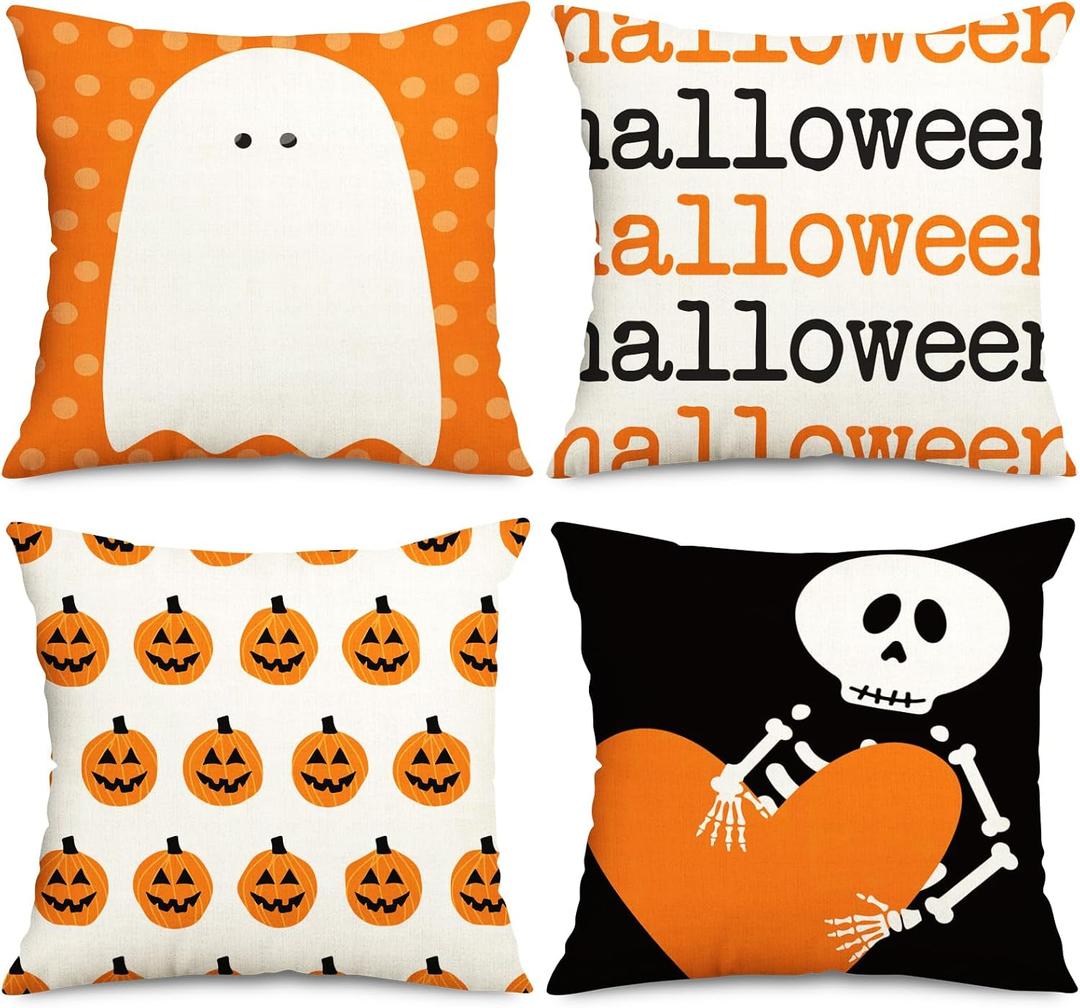 Whaline 4Pcs Halloween Pillow Covers Spooky Skeleton Ghost Pumpkin Throw Pillow Case 18 x 18 Inch Decorative Cushion Cover for Home Office Couch Sofa