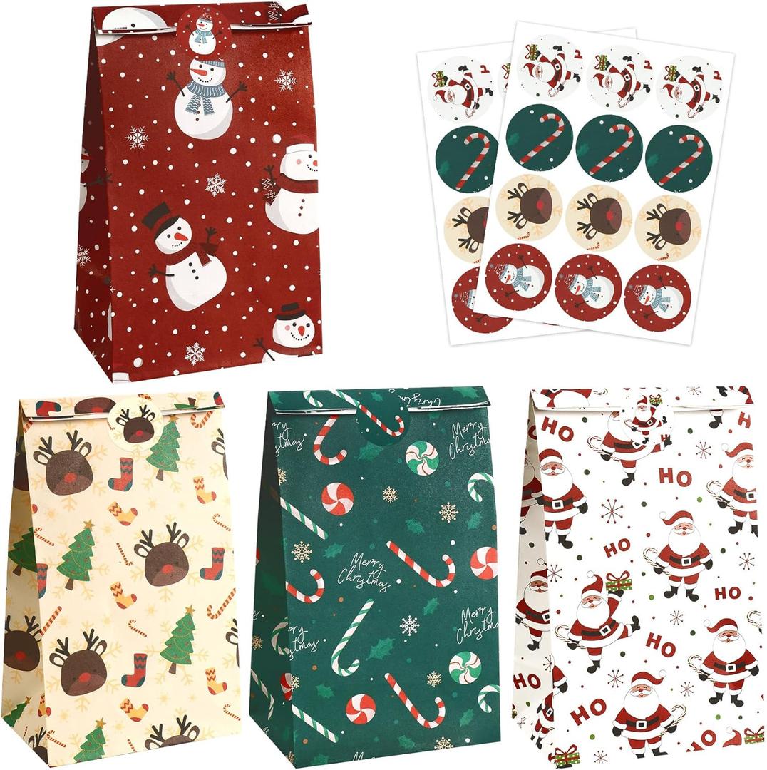 Christmas Treat bags with Stickers, 24 PCS Christmas Gift Bags Party Favors, Xmas Goodie Bags for Kids Candy Cookies Snack Bag Mini Paper Gift Crafts Wrapping for Xmas Party Supplies Decorations