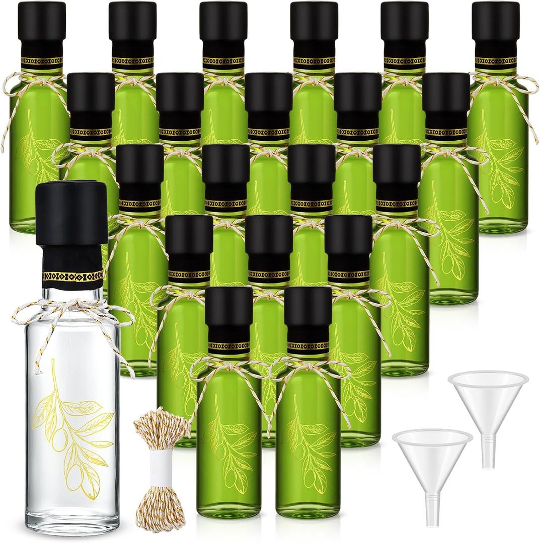20 Pcs 4 oz Mini Glass Olive Oil Bottles Empty Sauce Condiment Bottles with Dropper Inserts and Sticker Seals Caps for Gifts Kitchen (Olive Pattern, Clear)