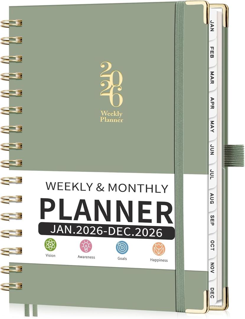 LOAPEM 2026 Planner, Weekly and Monthly, A5 Size (5.7" x 8.3"), Jan 2026 - Dec 2026, Calendar, To-do List, Agenda, 12-Month Tabs, Hardcover, 100 GSM Thick Paper, Spiral-Bound (Light Green)
