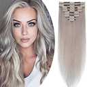 Benehair Clip-in Hair Extensions - Real Human Hair, Double Weft, 8pcs, 10inch Remy, Soft Silky Straight, Highlighted Grey